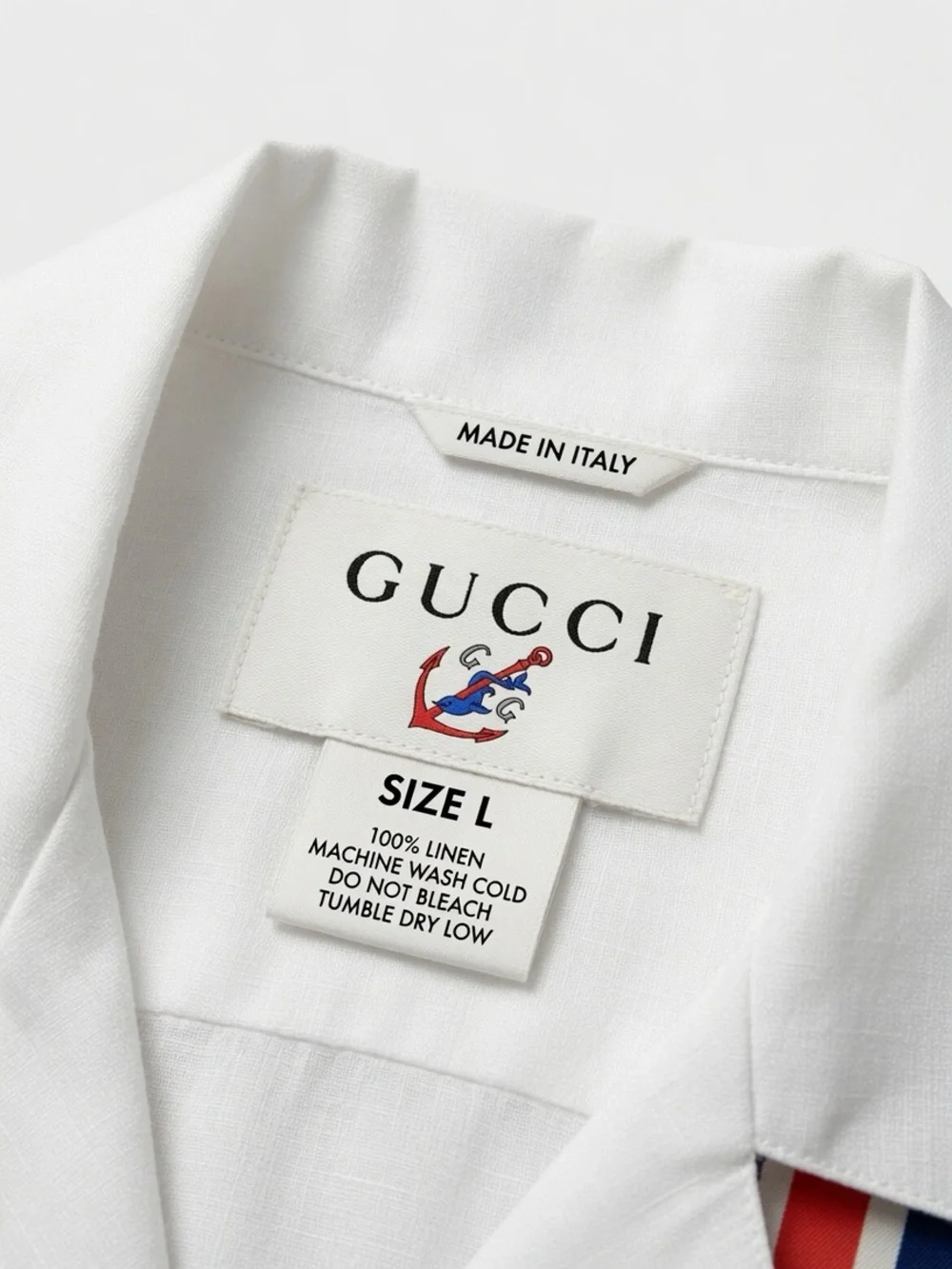 Gucci White Short-Sleeve Button-Down Shirt with Navy and Red Stripes